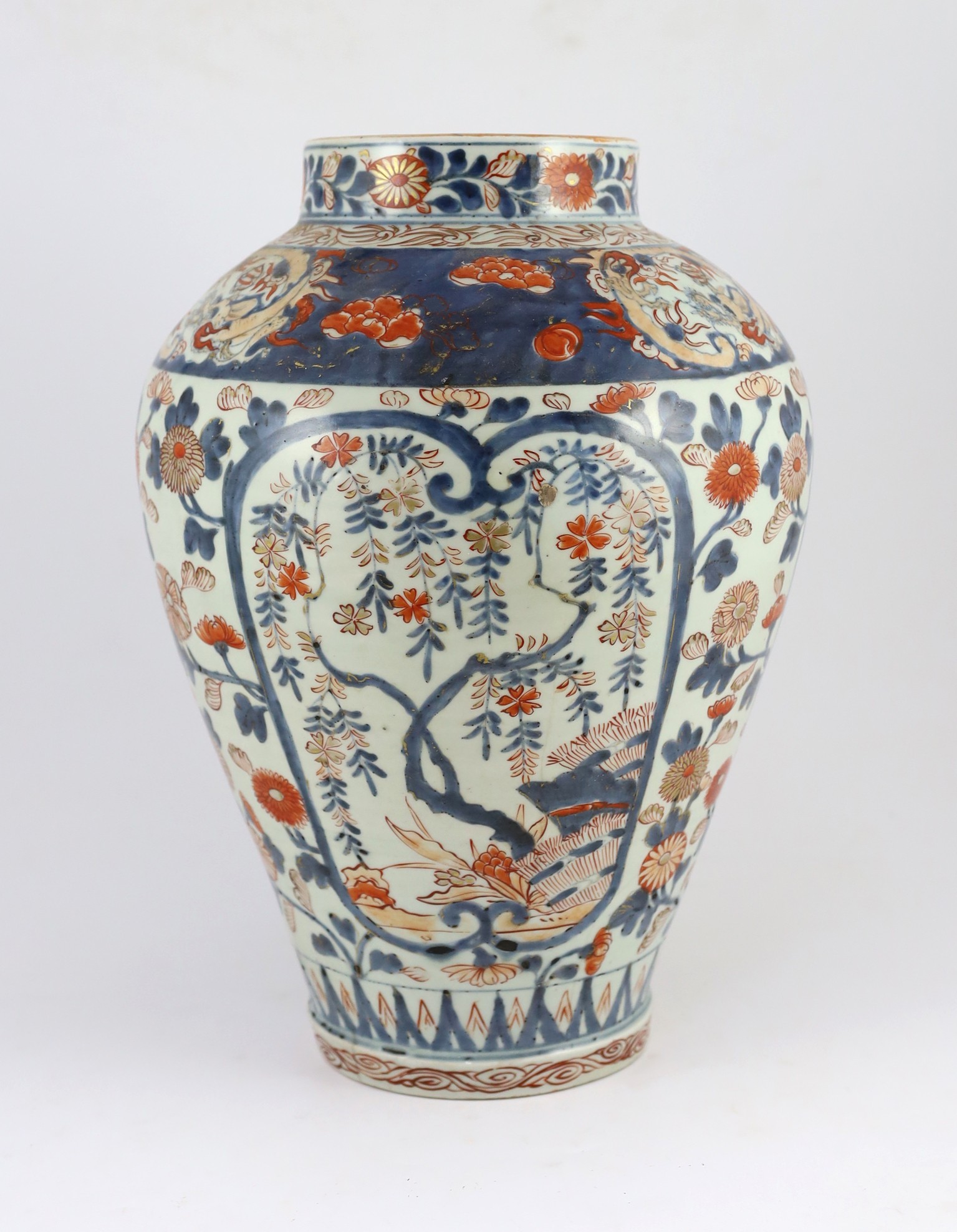 A large Japanese Arita ovoid vase, 18th century, 43.5cm high, cracks